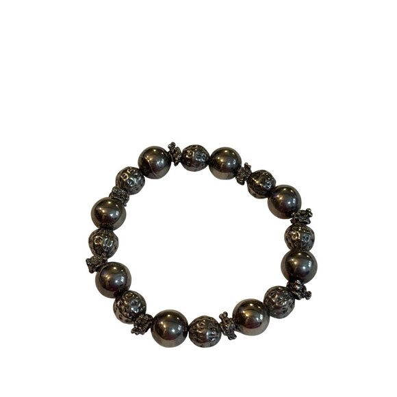 Heavy Silvertone Beaded Stretch Bracelet With Ornate Detailing Vintage - Picture 2 of 3